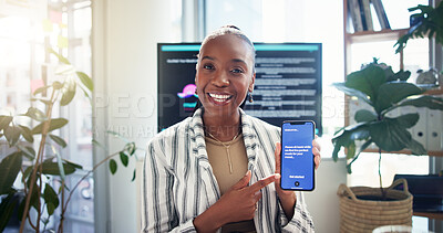 Buy stock photo Phone screen, business woman and video call with app for software investment, presentation and pov. Mobile, virtual meeting and portrait with happy African ux designer to pitch creative startup idea