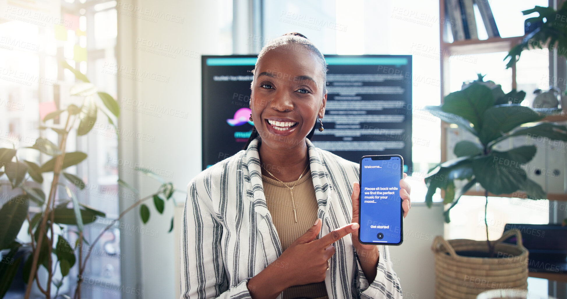 Buy stock photo Phone screen, business woman and video call with app for software investment, presentation and pov. Mobile, virtual meeting and portrait with happy African ux designer to pitch creative startup idea