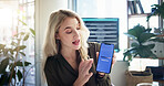 Phone screen, business woman and webinar presentation for software development, app or funding. Mobile, virtual meeting and video call online with ux designer to pitch creative startup idea in office