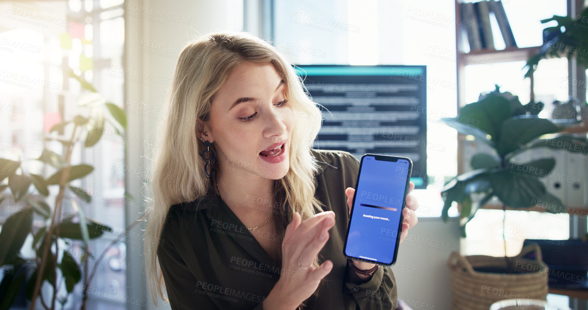 Buy stock photo Phone screen, business woman and presentation for software, investment pitch or funding for mood reader. Mobile, talk or worker with display in office for creative startup idea, ux development or app