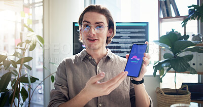 Buy stock photo Phone screen, business man and video call presentation for software proposal, app and funding. Mobile, online meeting and webinar in portrait with ux developer to pitch creative startup idea in POV