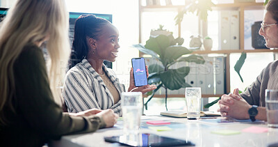 Buy stock photo Meeting, presentation and businesswoman with cellphone in office for app development tutorial. Discussion, programming and female speaker with phone for user interface with collaboration in workplace