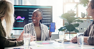 Buy stock photo Meeting, presentation and businesswoman with phone screen in office for app development tutorial. Discussion, programming and speaker with cellphone for user interface with collaboration in workplace