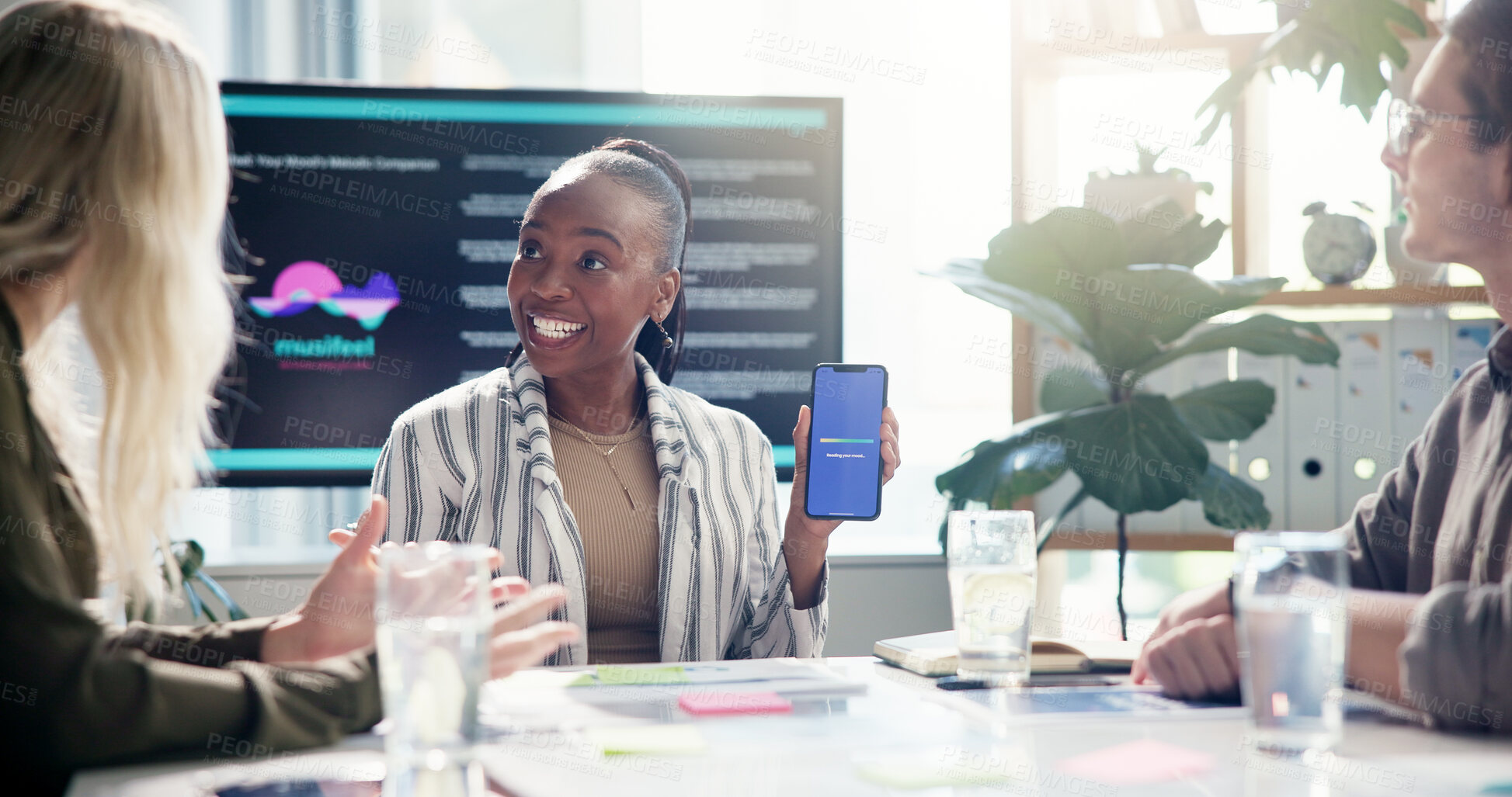 Buy stock photo Meeting, presentation and businesswoman with phone screen in office for app development tutorial. Discussion, programming and speaker with cellphone for user interface with collaboration in workplace
