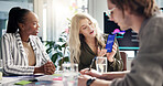 Meeting, presentation and businesswoman with phone in office for app development tutorial. Discussion, programming and female speaker with cellphone for user interface with collaboration in workplace