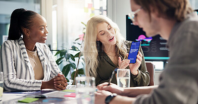 Buy stock photo Meeting, presentation and businesswoman with phone in office for app development tutorial. Discussion, programming and female speaker with cellphone for user interface with collaboration in workplace