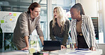 Meeting, tablet and business people in office, brainstorming and ad agency with review for budget. Employees, sales consultant and group in workplace, tech and email for proposal and conversation