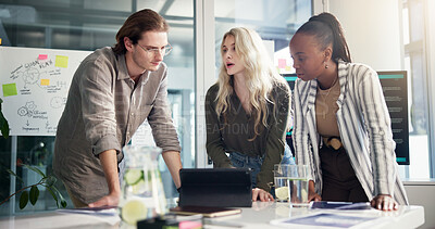 Buy stock photo Meeting, tablet and business people in office, brainstorming and ad agency with global online programming. Employees, communication expert and group with tech, conversation and research for proposal