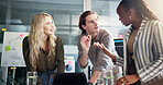 Meeting, tablet and business people with brainstorming, conversation and ad agency with feedback for project. Employees, sales consultant or group with tech, talking or email for proposal or research