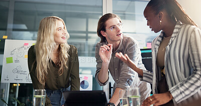 Buy stock photo Meeting, tablet and business people with brainstorming, conversation and ad agency with feedback for project. Employees, sales consultant or group with tech, talking or email for proposal or research