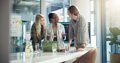 Buy stock photo Discussion, laptop or people with project or teamwork for social media subscription or business meeting. Planning, SEO analysts or brainstorming for startup, online growth report or budget review