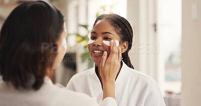 Buy stock photo Beauty, eye mask and smile with friends in home together for pampering or skincare. Antiaging, apply and transformation with happy women in bathroom of apartment for self care or dermatology routine