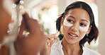Beauty, eye mask and facial massage with friends in home together for pampering or skincare. Aesthetic, antiaging and transformation with women in bathroom of apartment for dermatology routine