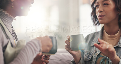 Buy stock photo Coffee, conversation and woman friends on sofa in living room of home together for reunion or visit. Break, drink and relax with people in apartment for gossip, relationship or social on weekend