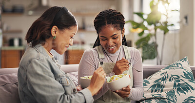 Buy stock photo Bonding, ice cream and woman friends on sofa in living room of home together for reunion or visit. Conversation, relax and sharing with happy people in apartment for gossip, relationship or social