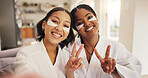Beauty, eye mask and selfie with friends in home together for pampering or skincare routine. Aesthetic, peace sign and profile picture with women in apartment for dermatology or social media post