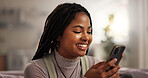 Home, smile and woman on sofa, smartphone and typing with social media, internet and texting. Apartment, mobile user or happy person with cellphone, online humor or app for message to contact or joke