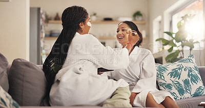 Buy stock photo Beauty, blusher and self care with friends in home living room together for me time or spa day. Makeup brush, skincare and wellness with women in apartment for cosmetics or dermatology routine
