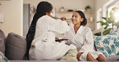 Buy stock photo Beauty, makeup and self care with friends in home living room together for me time or spa day. Blush brush, relax and wellness with women in apartment for cosmetics, dermatology or transformation