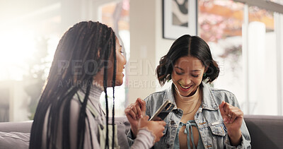 Buy stock photo Home, friends and girls with smartphone, bonding and laughing at gossip on social media or conversation. House, smile and people with mobile for funny news on post, reunion or together in living room