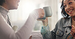 Bonding, coffee and toast with women on sofa in living room of home together for reunion or visit. Cheers, drink and relax with friends in apartment for gossip, relationship or social on weekend