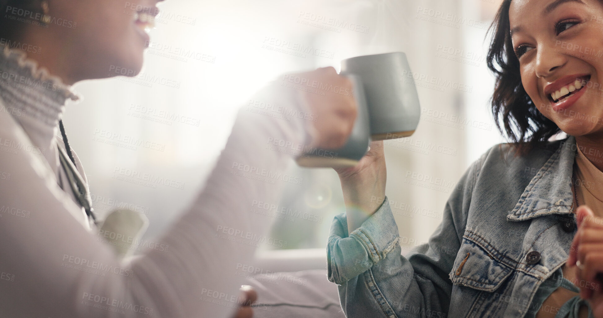 Buy stock photo Bonding, coffee and toast with women on sofa in living room of home together for reunion or visit. Cheers, drink and relax with friends in apartment for gossip, relationship or social on weekend