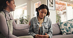 Sad, woman and friends on couch for support with breakup and relationship fail in home. Comfort, people and empathy for cheating mistake, console and kindness for mental health advice in living room