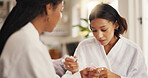 Beauty, nail polish and self care with friends in home living room together for me time or spa day. Manicure, relax and wellness with women in apartment for cosmetics, dermatology or transformation