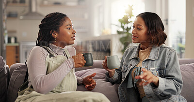 Buy stock photo Bonding, coffee and conversation with women on sofa in living room of home together for reunion or visit. Drink, relax and weekend with happy best friends in apartment for gossip or relationship