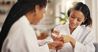 Buy stock photo Beauty, manicure and self care with friends in home living room together for me time or spa day. Relax, serum and wellness with women in apartment for cosmetics, dermatology or transformation