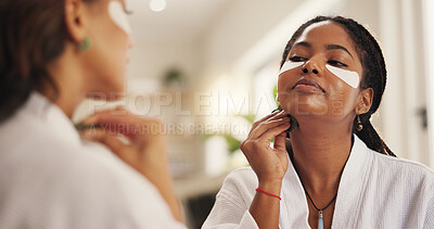 Buy stock photo Beauty, eye mask and massage with women in home together for circulation or skincare. Self care, gua sha and transformation with best friends in bathroom of apartment for dermatology routine