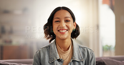 Buy stock photo Happy, relax and portrait of woman on sofa in home with calm, weekend or break for peace. Smile, confident and face of female person from Mexico on couch in living room at apartment with pride.