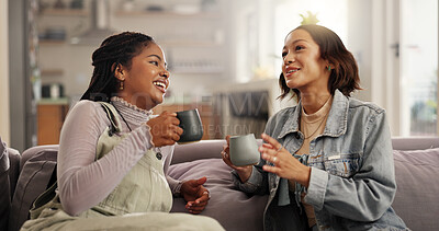 Buy stock photo Bonding, drinking coffee and woman friends on sofa in living room of home together for reunion or visit. Break, cup and relax with happy people talking in apartment for gossip or social on weekend