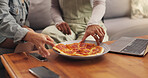 Hands, friends and people with pizza, home and bonding with food for movies, entertainment and laptop. House, closeup and hangout with takeaway for film, tech and streaming with snack in living room