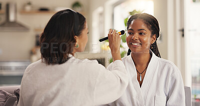 Buy stock photo Beauty, makeup and self care with friends in home living room together for me time or spa day. Pamper, relax and wellness with happy women in apartment for cosmetics, makeover or transformation