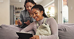 Entertainment, happy and friends with tablet, home and women with smile for movies, living room and relax. House, girls and people with tech for comedy film, laughing or watching on website in lounge