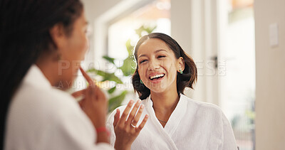 Buy stock photo Laughing, spa and beauty with friends at home for bonding, diy facial treatment and skincare. Happiness, relax and dermatology with women in living room of apartment for wellness, cosmetics or pamper