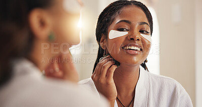 Buy stock photo Beauty, eye mask and gua sha with friends in home together for pampering or skincare. Aesthetic, face massage and transformation with happy women in bathroom of apartment for dermatology routine
