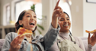 Buy stock photo Women, friends and watching tv with pizza, point or laugh on sofa with choice for funny movie. Girl, people and relax with fast food, excited and eating with streaming, comic show or film in home