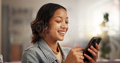 Buy stock photo Home, relax or teenager with smile, smartphone or funny meme with internet, social media or text. Apartment, mobile user or happy girl with cellphone, connection or digital app for message to contact