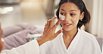 Antiaging, eye mask and skincare with friends in home together for beauty or pamper day. Aesthetic, application and transformation with women in bathroom of apartment for dermatology routine