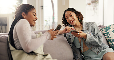 Buy stock photo Laughing, texting and friends with smartphone, home and browsing for gossip on social media and smile. House, girls and people with mobile for message, bonding and online with tech in living room