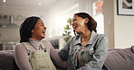 Bonding, laughing and woman friends on sofa in living room of home together for reunion or visit. Conversation, funny and relax with people in apartment for gossip, relationship or social on weekend