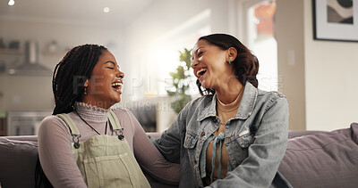 Buy stock photo Bonding, laughing and woman friends on sofa in living room of home together for reunion or visit. Conversation, funny and relax with people in apartment for gossip, relationship or social on weekend
