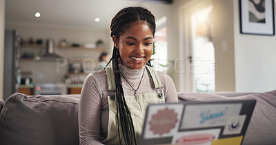 Buy stock photo Home, student and woman on couch, laptop and smile with education, email for project or university. Apartment, college task or person with computer, assignment or research for scholarship or studying
