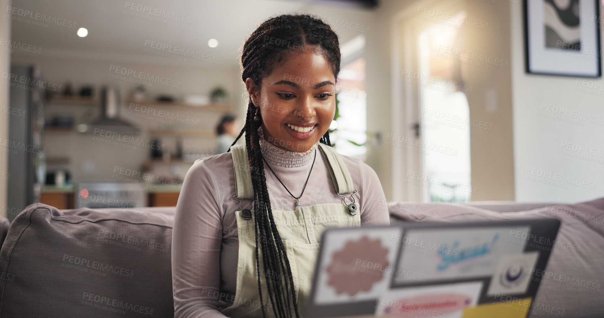 Buy stock photo Home, student and woman on couch, laptop and smile with education, email for project or university. Apartment, college task or person with computer, assignment or research for scholarship or studying