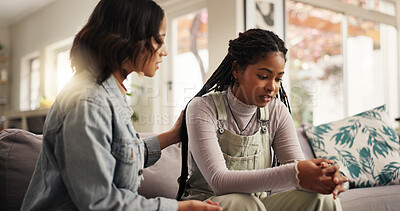 Buy stock photo Sad, woman and friends on couch for comfort with breakup and relationship fail in home. Support, people and empathy for cheating mistake, console and kindness for mental health advice in living room