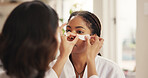 Application, beauty and eye mask with friends in home together for pamper day or skincare. Aesthetic, dermatology and transformation with women in bathroom of apartment for antiaging routine