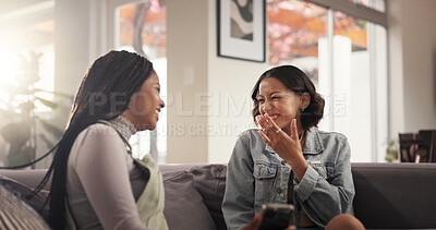 Buy stock photo Laughing, friends and women with smartphone, home and bonding with gossip on social media and happiness. House, smile and people with mobile for funny news on post, reunion or together in living room