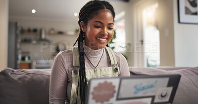 Buy stock photo Home, student and woman on sofa, laptop and smile with education, email for project or assignment. Apartment, college task or happy person on couch, computer or research for scholarship or university